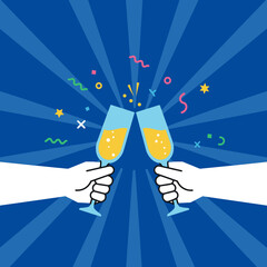 Celebration Toast Flat Design Illustration with Confetti on Blue