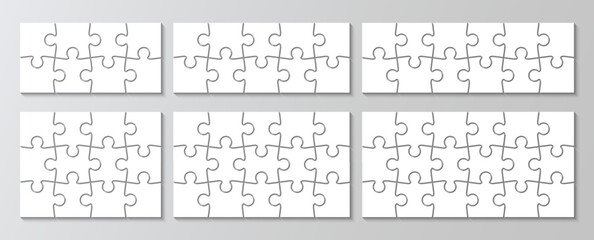 Jigsaw grid set with 6 templates. Scheme of thinking game collection. Puzzle pieces grid. Modern background with separate shapes. Mosaic silhouette. Cutting template. Vector illustrator