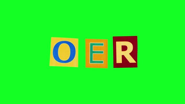 OER acronym meaning open educational resources in form of collage made of magazine cut letters filmed on alpha channel background, Animated isolated title about free academic sources for studying
