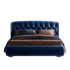 Obraz premium Elegant blue velvet bed with tufted headboard. Modern bedroom furniture.