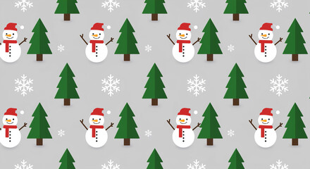 Repeated flat design of snowmen with red hats and scarves and christmas trees on gray background