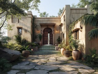 Obraz premium A house with a stone walkway and a stone patio. There are several potted plants and vases on the patio