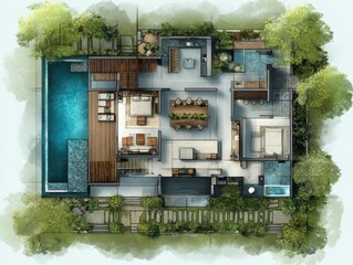 A house with a pool and a garden. The house has a lot of windows and a lot of space