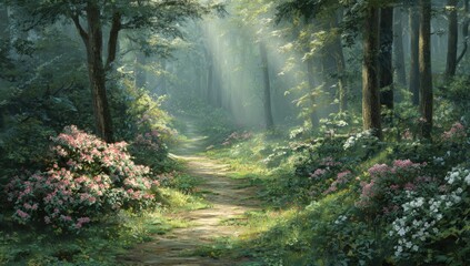 Obraz premium Sunlight streams through a tranquil forest path lined with blossoming bushes