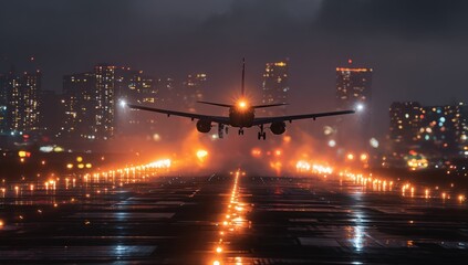Fototapeta premium Airplane landing at night in city