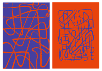 Colorful wall art minimalist abstract set. Hand drawn brush textured vector collage elements. Abstract organic shapes, continuous line. Modern art print collection