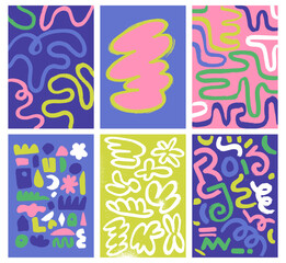 Gallery wall art set. Modern backgrounds with abstract continuous line. Naive playful curved bold brush strokes, lines and spots. Organic shapes, bright colors