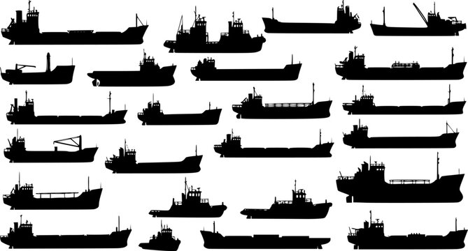Vector set of 61 silhouettes of sea towboat and the ships
