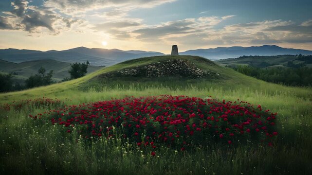 The Thracian Tomb of Kazanlak, an archaeological site surrounded by fields of roses during the annual rose festival 
