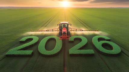 Agricultural tractor spraying field with 2026 year display during sunset