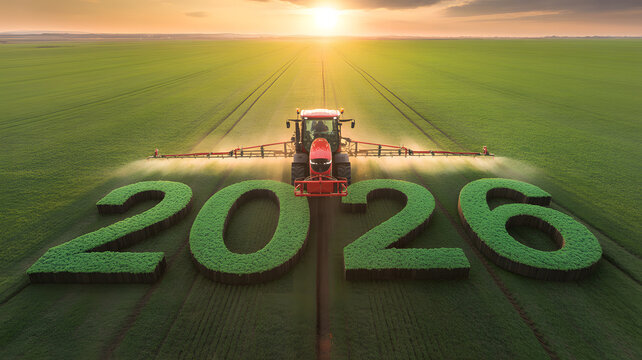 Agricultural tractor spraying field with 2026 year display during sunset