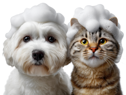 Bathed Companions: A fluffy dog and a curious cat, both crowned with foamy lather, share a charming moment, highlighting their playful bond and the joys of shared grooming.