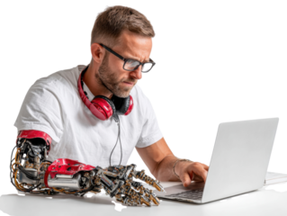 Technological Focus: A focused individual, enhanced by a robotic arm, engages in work. His concentrated gaze, accompanied by headphones, suggests deep concentration.