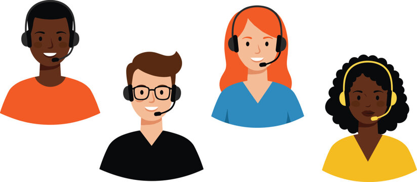 Diverse customer service team illustration with headsets, support agents cartoon characters, call center representatives, communication staff vector design.
