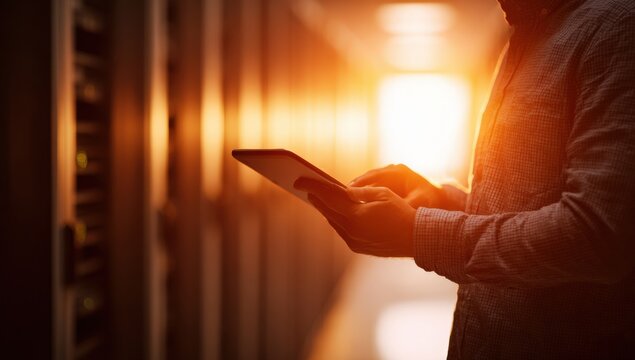 IT professional using tablet in server room at sunset