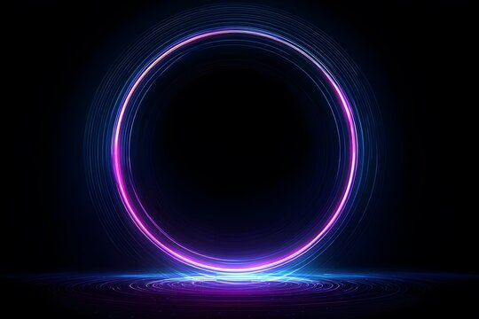 Abstract neon glowing light effect background with a twisted spiral shape and circular rings.