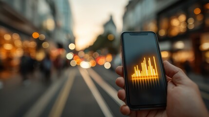 A person holds a smartphone displaying a sound wave graphic, with a vibrant, out-of-focus urban background at dusk.