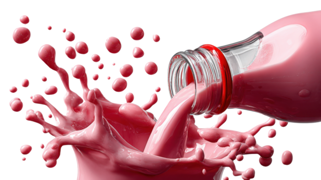 Strawberry Milk Splash: A dynamic studio shot of strawberry milk, erupting in a splash as it's poured from a bottle, showcasing a symphony of color and texture.