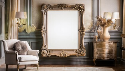 a mockup of an empty blank vintage frame in a vintage living room with a renaissance architectural style