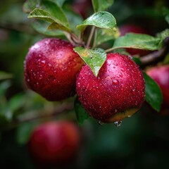 Obraz premium Close-up of two vibrant red apples with water droplets on a branch with leaves