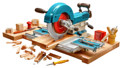 Precise Craftsmanship: A detailed shot showcases a meticulously arranged woodworking setup, featuring a circular saw and an array of tools and wood pieces.