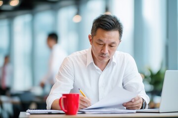 Focused middle aged asian businessman manager sitting at modern office desk working on documents. Serious corporate executive professional reviewing financial paperwork with red coffee mug.