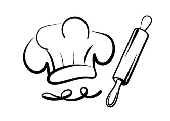 chefs hat rolling pin and cook in black line art vector eps on white background