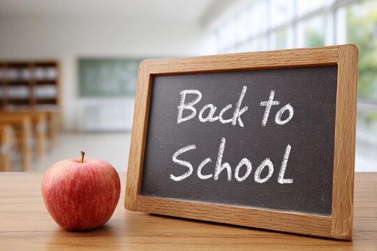 Chalk board with 'Back to school' sign and red apple on school classroom background. Education, studies and knowledge day concept. Subject shot for poster, demonstration