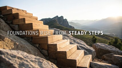 Wooden steps leading to scenic mountain landscape with inspirational text