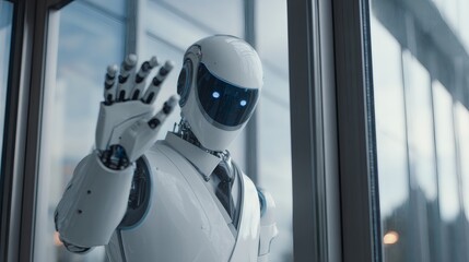 AI-powered humanoid robot doorman greeting guests in a modern building