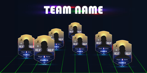 Soccer player cards with silhouette avatars arranged in a team lineup on a dark background with neon grid and text placeholder.