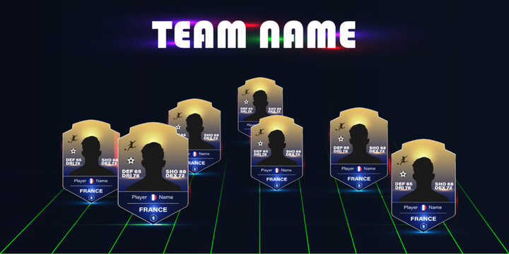 Soccer player cards with silhouette avatars arranged in a team lineup on a dark background with neon grid and text placeholder.