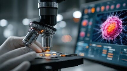 A close-up of a microscope in use, with a digital screen displaying a detailed image of a cell, emphasizing scientific research and technology.