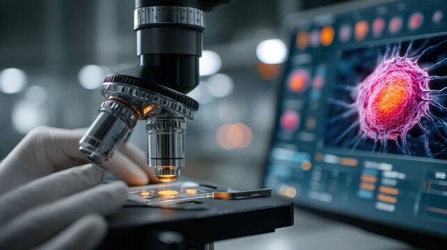 A close-up of a microscope in use, with a digital screen displaying a detailed image of a cell, emphasizing scientific research and technology.