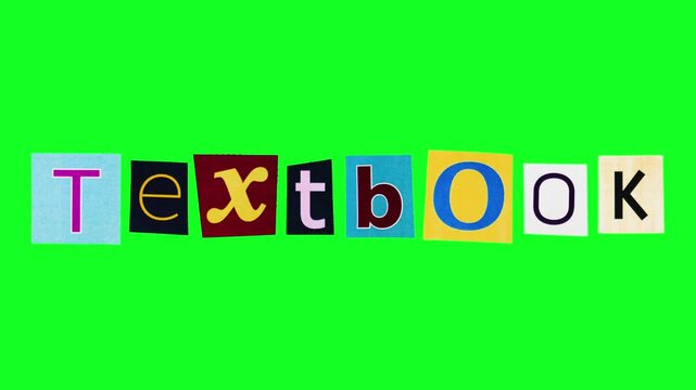 Textbook title with rectangle pieces of paper and printed letters on them moving in loop animation. Stop motion of template with the word about educational literature used at schools and universities.