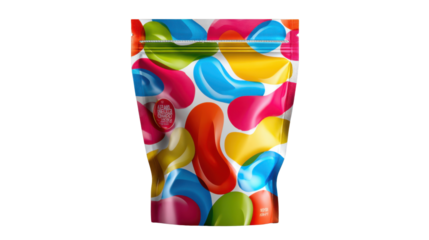 Bag of Colorful Candies: Vibrant, colorful candies packed in a resealable pouch, offering a tempting treat with a playful design and a delightful blend of sweetness.