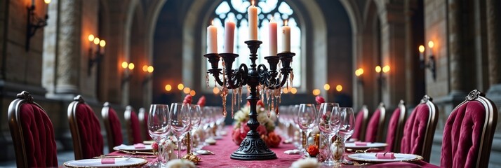 Elegant candlelit banquet table in grand hall with luxurious red decor