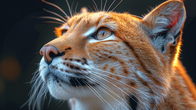 A close-up of a lynxs face, showcasing its piercing gaze and intricate facial features, illuminated by soft light against a dark background