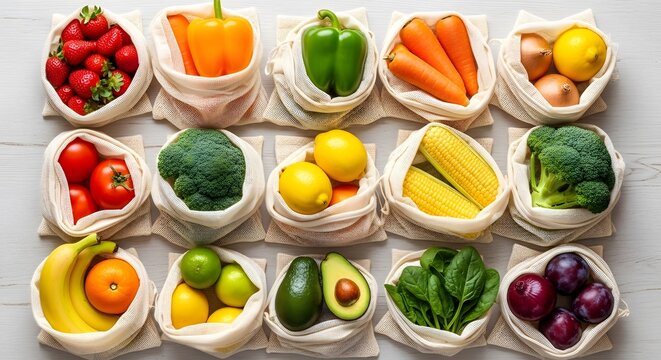 A vibrant assortment of fresh organic fruits and vegetables organized in reusable eco-friendly bags for sustainable zero waste shopping - Powered by Adobe