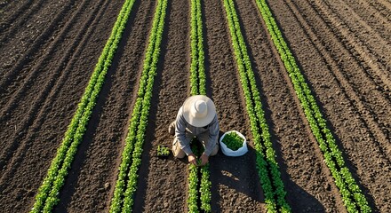 Attentive farmer cultivates rows of vibrant organic greens in rich soil