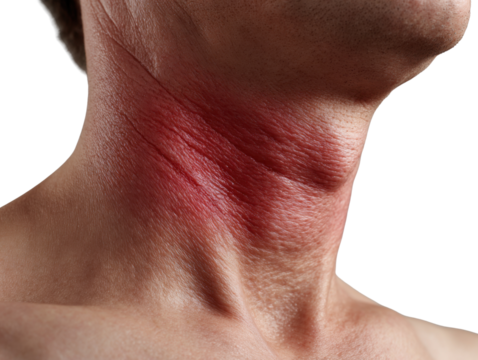 Redness and Skin Irritation: An unflinching gaze at a neck affected by a red skin irritation, likely caused by a rash, the image offers a direct portrayal of a common physical experience.