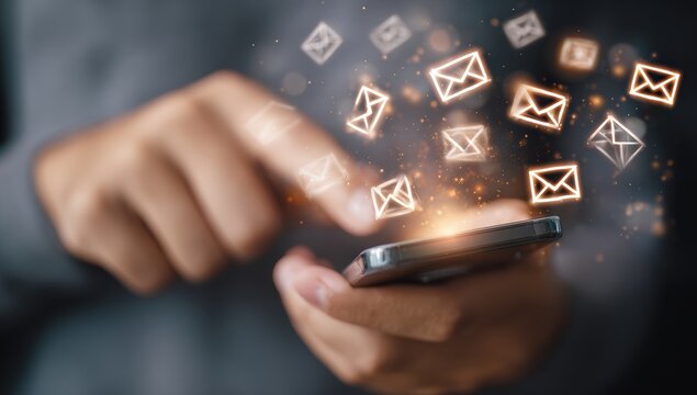 Person using a smartphone with email icons
