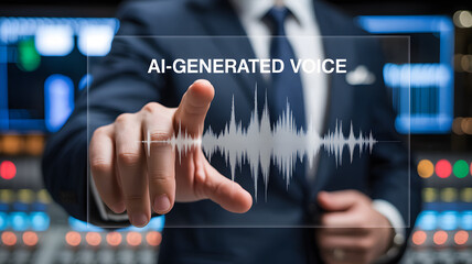 Professional interacting with AI voice technology on futuristic interface, digital sound wave visualization