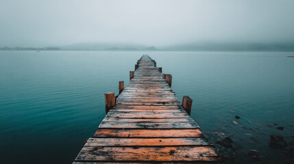 Fototapeta premium Foggy wooden pier stretching into turquoise lake 