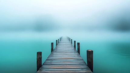 Obraz premium Foggy wooden pier stretching into turquoise lake 