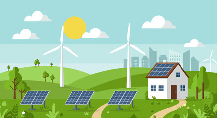 Fototapeta premium Green energy, urban landscape, ecology - vector illustration.