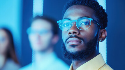 Fototapeta premium Confident young professional man with glasses looking forward in modern office environment with colleagues in background