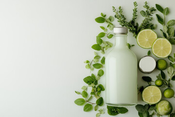 Glass bottle of refreshing lime yogurt drink with fresh mint leaves, herbs, and sliced limes on a minimalist light background