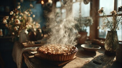 Obraz premium Freshly Baked Pie with Steam in Cozy Rustic Kitchen Setting