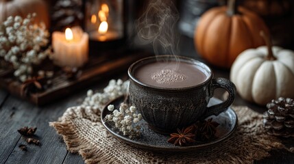 Cozy Chocolate Drink with Pumpkins and Candles for Autumn Vibes